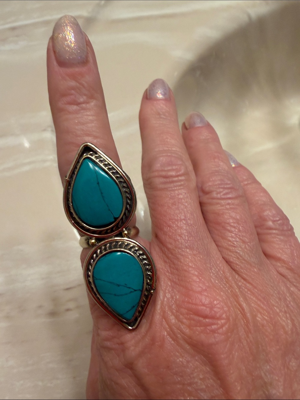 Turquoise Teardrop Double Ring - Women's Silver Accent Jewelry